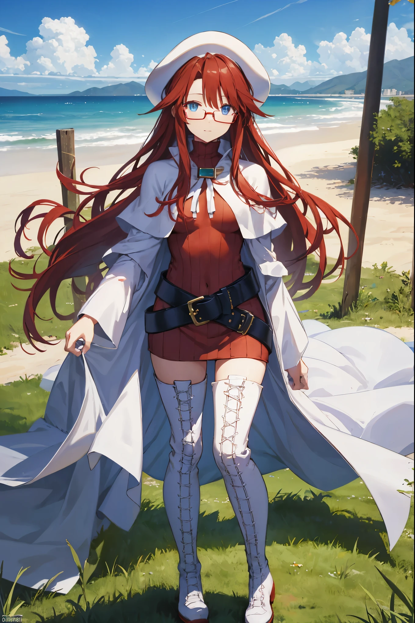 summonnightaty, aty, (young:1.3),long hair, blue eyes, red hair, big_tits, hat, glasses,
BREAK long hair, thighhighs, hat, dress, naked_legs, glasses, belt, cape, sweater, zettai ryouiki, beret, thigh boots, white footwear, ribbed sweater, loose belt,solo,
BREAK outdoors, fantasy,on_beach,
,Highquality_hads,perfect_fingers,
BREAK (masterpiece:1.2), best quality, high resolution, unity 8k wallpaper, (illustration:0.8), (beautiful detailed eyes:1.6), extremely detailed face, perfect lighting, extremely detailed CG, (perfect hands, perfect anatomy),covered_nipples,covered_navel ,half_eyes,long_sword,sleepy_eyes,red_sweater,apart_knees,magical_effect,spread_legs, have_a_book,teacher,rise_knee,Smile,rise_hand,look_down_viewer,spread_arms,sea_waves,looking_into,blue_sky,plump,open_mouth, dynamic_posing,solo