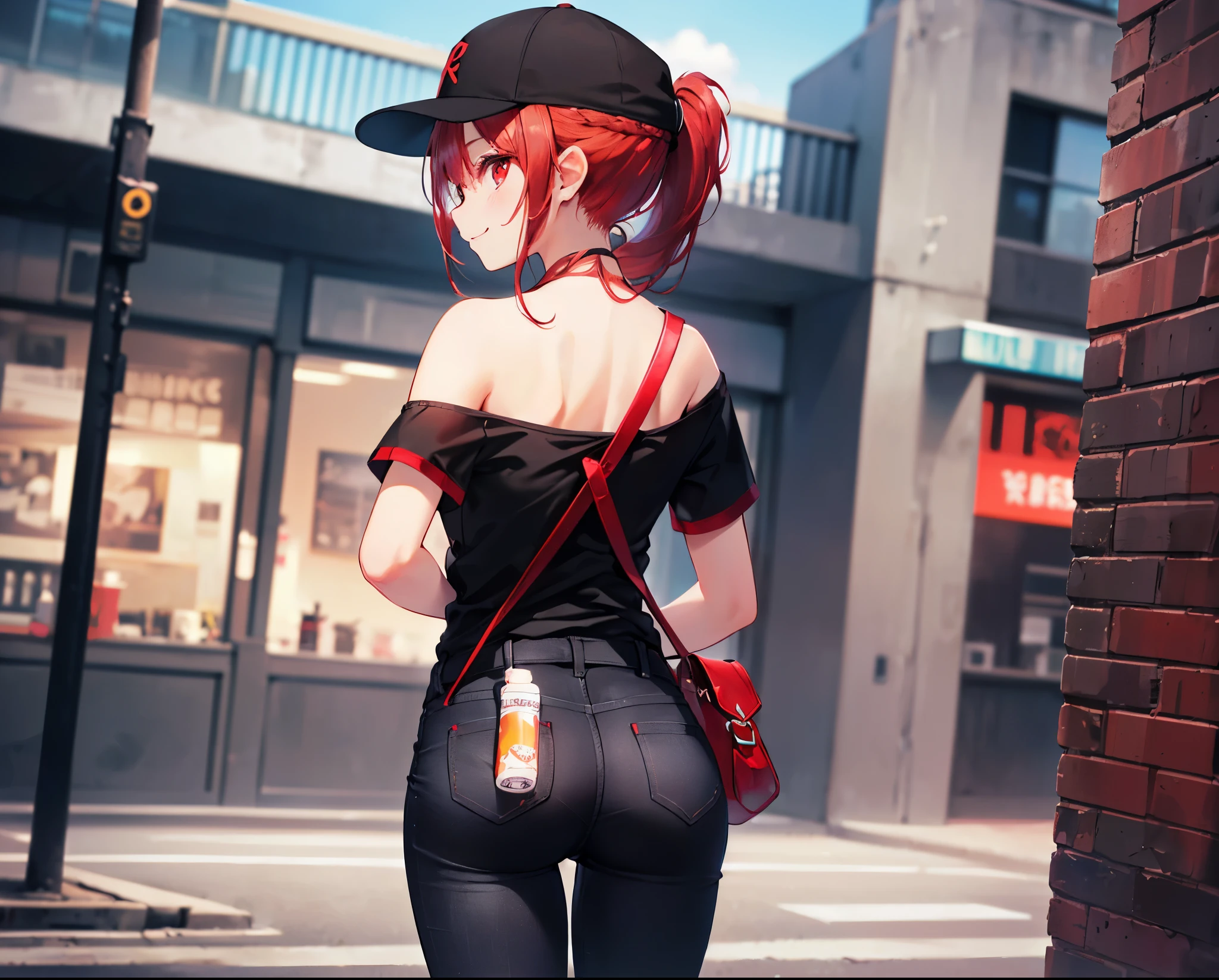 (Close-up:1.3),Realistic,Highest quality, Ultra Detail, High-quality CG rendering, The most delicate and beautiful, Floating softly, High resolution, (1 girl), (Highest quality,4K,8K,masterpiece:1.2),(All red hair:1.5), (ponytail:1.5),(Red eyes:1.5),(Slightly larger breasts:1.2 (All black T-shirt:1.3),(Black skinny jeans:1.3),(Black baseball cap:1.3),In the city,old buildings,(Turn your back to your audience:1.3),Butt,Are standing,(Small shoulder bag:1.3),smile