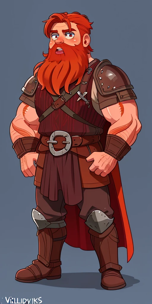 Ingólfr Einarr is a 40-year-old red-haired Viking man with a full beard, outgoing, muscular and very attractive, who wears his imposing medieval armor. hyper detailed and super realistic. haircut style with tail back and braided beard, orange-reddish color. cartoon style