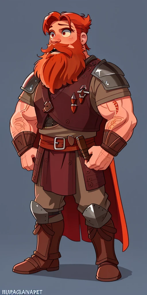 Ingólfr Einarr is a 40-year-old red-haired Viking man with a full beard, outgoing, muscular and very attractive, who wears his imposing medieval armor. hyper detailed and super realistic. haircut style with tail back and braided beard, orange-reddish color. cartoon style