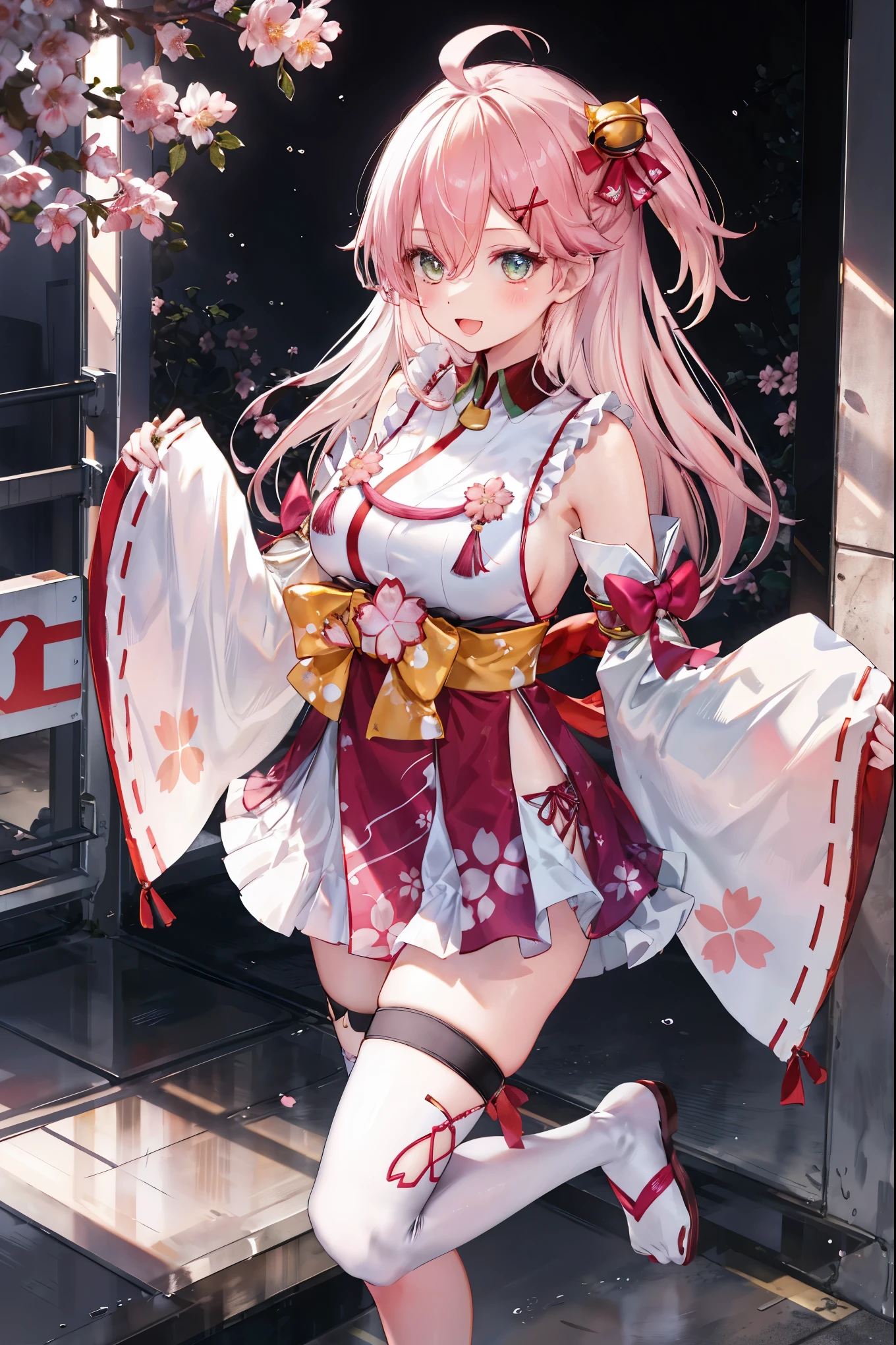 masterpiece, best quality, highres, miko1, sakura_miko, 1girl, big_boobs, solo, ahoge, x_hair_ornament, pink_hair, floral print, hairclip,(side_less_clothes:1.5), (side_boobs:1.5), hair_bell, floral print, long_hair, hair between eyes, one side up, white thighhighs, asymmetrical legwear, wide sleeves, open_mouth,(happy:1.3),gleen_eyes,big_smile,(rise_leg:1.3),plump,apart_legs,(overly_long_sleeves:1.3),),sleeves_past_wrists,hands_hidden_sleeves,sidelock_clothes,dynamic_posing,solo,hidden_wrists,(XD:1.4),covered_nipples,sunlight,cherryblossom_background,