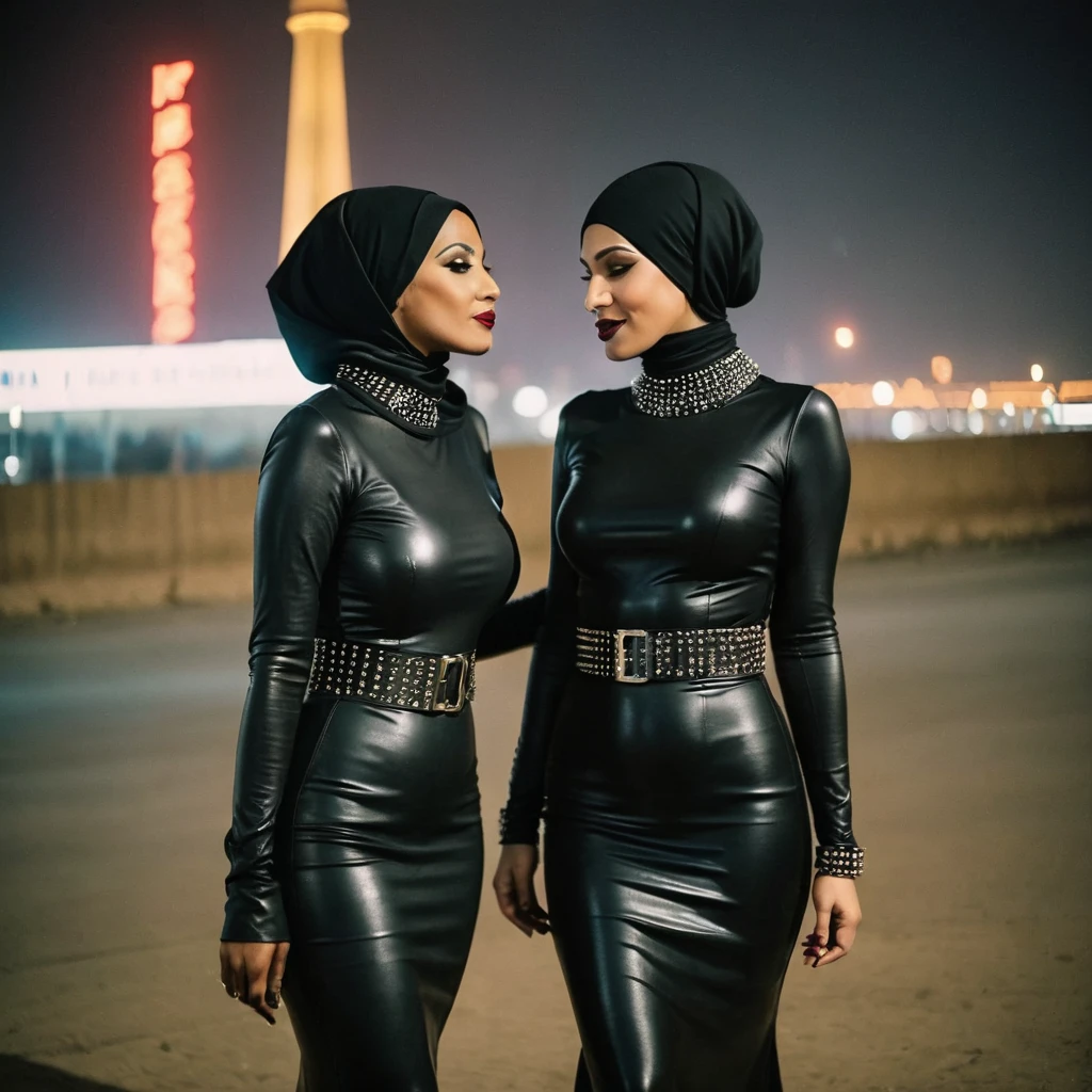 AnalogRedmAF, Cinematic Shot, Candid Photo, Two Busty Big breasted Lesbian Women - kissing each other, Black bob haircut, Wearing Latex hijab with Spiked choker and Belted Tight long sleeed long bodycon Dress, (nighttime), BLurry and hazy background, Grainy Image