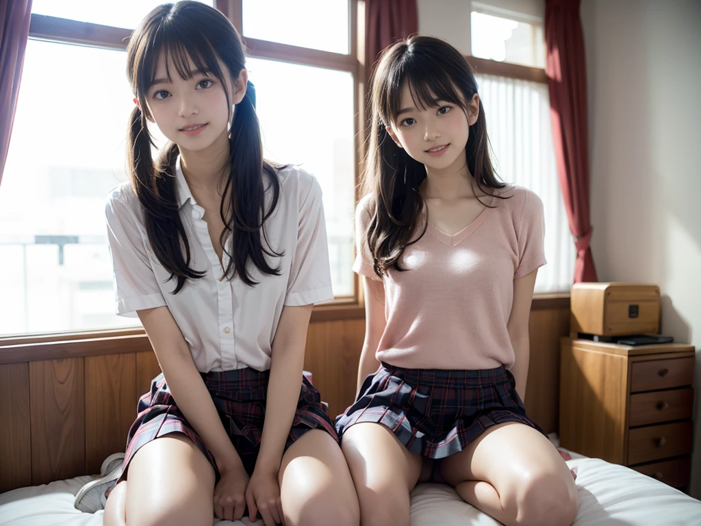 Sit in a study chair,,(loli:1.0),eltary student、young,(Plaid pleated skirt),flat breast,Pupils,teens girl,A darired,delicate and body,in a my house、frontage、Looking here、full bodyesbian、white socky room,bed,desk,chair,book,pc、( light smile:1.0),(skinny:1.2),beautiful girl,akb48,nogizaka46,(short ponytails:1.1),,(full-face blush:1.5),,open legs,kneel up,(fullnude:1.0),(show pussy:1.0