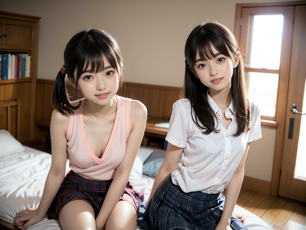 Sit in a study chair,15 years old,(loli:1.0),elementary student、young,(Plaid pleated skirt),flat breast,Pupils,teens girl,A dark-haired,delicate and body,in a my house、frontage、Looking here、full bodyesbian、white socky room,bed,desk,chair,book,pc、( smile:1.2),(skinny:1.2),beautiful girl,akb48,nogizaka46,(short ponytails:1.1),,(full-face blush:1.5),,open legs,kneel up,(fullnude:1.0),(show pussy:1.0