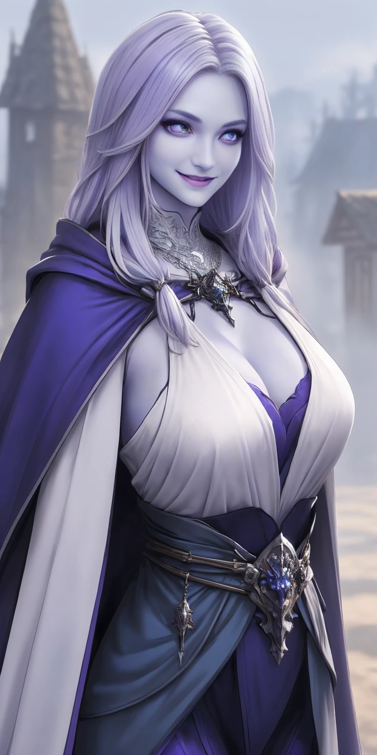 (chest covered with both hands) (HANDS ON chest) (smile) Gray skin, white silver hair and violet eyes. She prefers clothing of white and silver with cloaks of deep blue or purple, village background, huge knockers, ((very precise detailed)) ((high res)