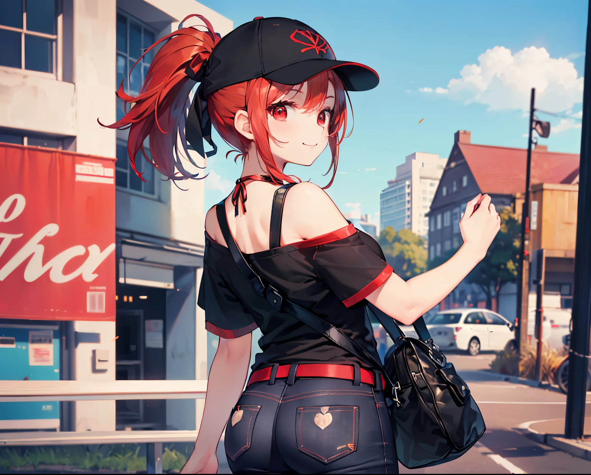 (Close-up:1.3),Realistic,Highest quality, Ultra Detail, High-quality CG rendering, The most delicate and beautiful, Floating softly, High resolution, (1 girl), (Highest quality,4K,8K,masterpiece:1.2),(All red hair:1.5), (ponytail:1.5),(Red eyes:1.5),(Slightly larger breasts:1.2 (All black T-shirt:1.3),(Black skinny jeans:1.3),(Black baseball cap:1.3),In the city,old buildings,(Turn your back to your audience:1.3),Butt,Are standing,(Small shoulder bag:1.3),smile