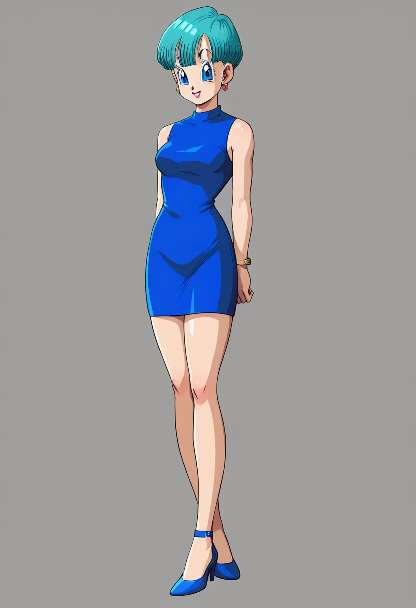 Bulma briefs dark blue dress legs crossed 