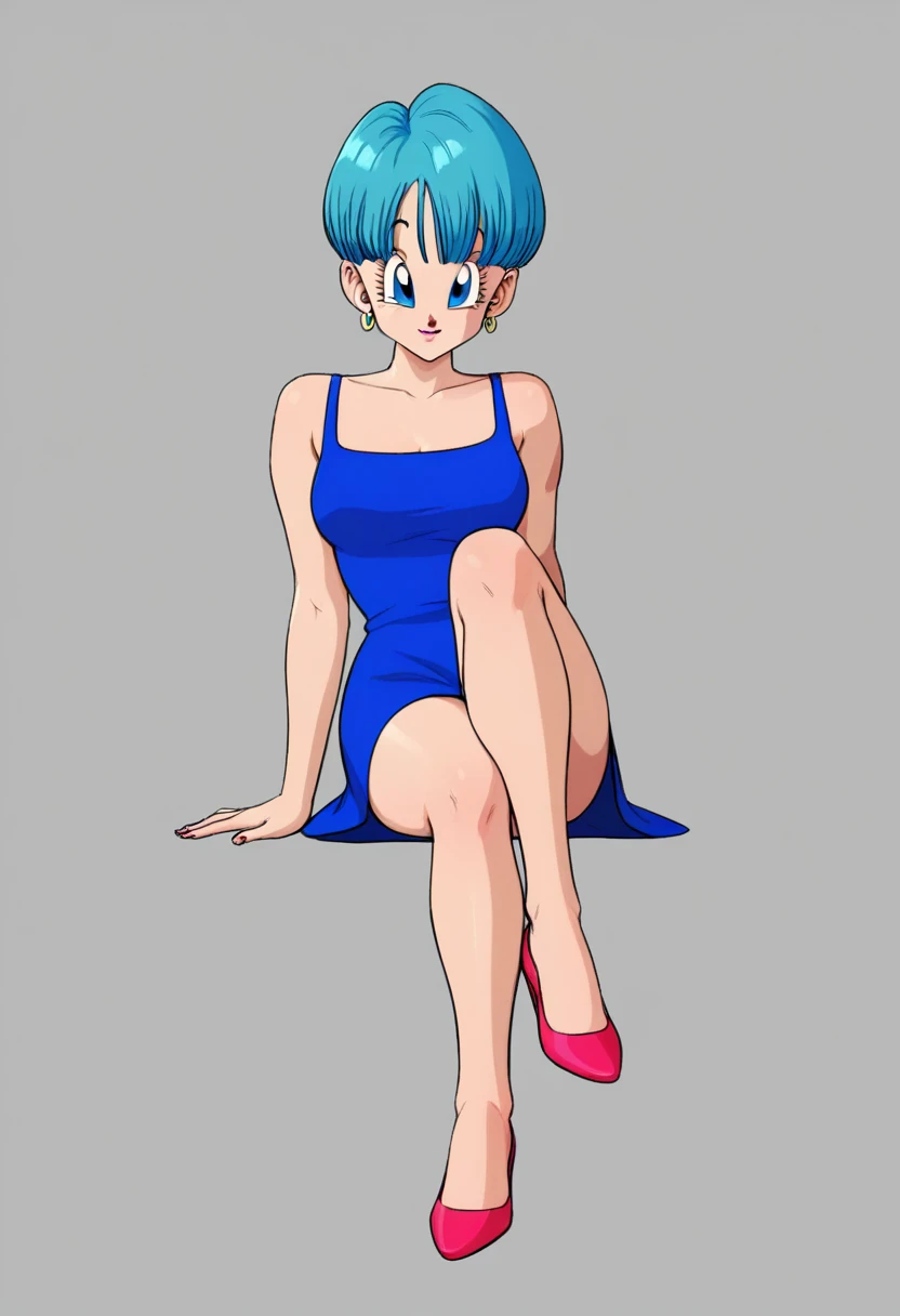 Bulma briefs dark blue dress legs crossed 