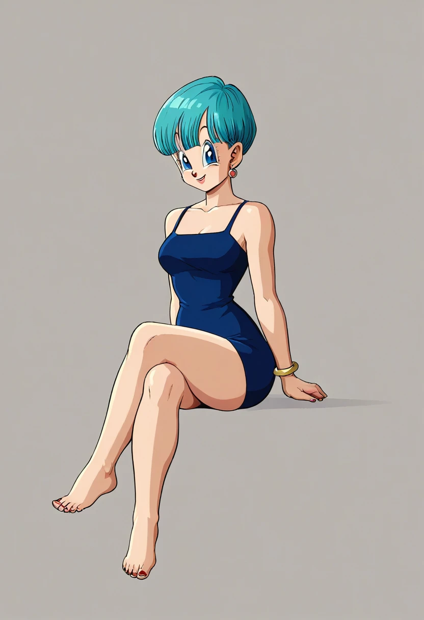 Bulma briefs dark blue dress legs crossed