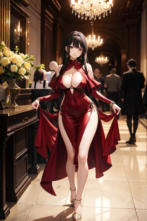 creates a 24-year-old anime girl with an Amber ball gown and a miniskirt with wide hips and breasts in a landscape of a luxurious and famous party hall