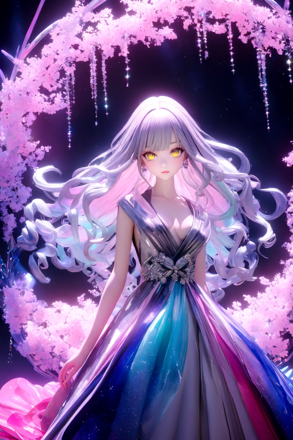 , Anime Art Wallpapers 8K, best anime 4k , anime art wallpaper 4k, anime art wallpaper 4k, Anime Style 4k, detailed Digital Anime Art, Digital Anime Art, anime wallpaper 4k, anime wallpaper 4k, Holography in anime, Draw in neon colors:1 girl:future, transparent, 3d, Light, sf, digital art, Digital, scientific, Dark Background: electronic circuit: Draw in neon colors, 3d, masterpiece, Digital space, energy, beautiful, masterpiece, 8K, Light, family friendly, Vibrant, colorful, Nice, beautiful, Rich colors, beautiful ,. Magical Effects, Sparkling, beautiful Light ,Luxury Fashion,girl, Inji, Purple Hair, Yellow Eyes, Long Hair, Gray Hair, Gradient Hair,curl,Wave,Platinum Gradation,Fine details,Chic and stylish,Perfect Makeup,Glamorous expression,Beautiful and delicate eyes,Beautiful and delicate lips,Dior Pink Lip,Background Night,Bamboo,A wish strip,The Milky Way filled with stars,White, red and blue yukata,Dark blue band,There is only one bell hanging from the obi.,Draw down to your feet,protocol,colorful,
