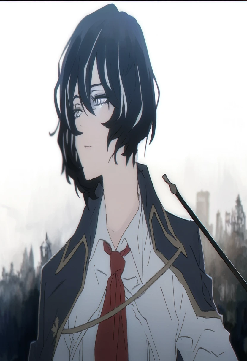 ((adult)), (woman), ((tall)), Moses from distortion detective, masterpiece, best quality, dark aura, black hair with white strips, (messy hair) , ringed white eyes, plain white shirt, coat over shoulders, white shirt, messy red necktie, (faint smile), realistic anime style, (oil painting), dark old manor background, night, impasto.