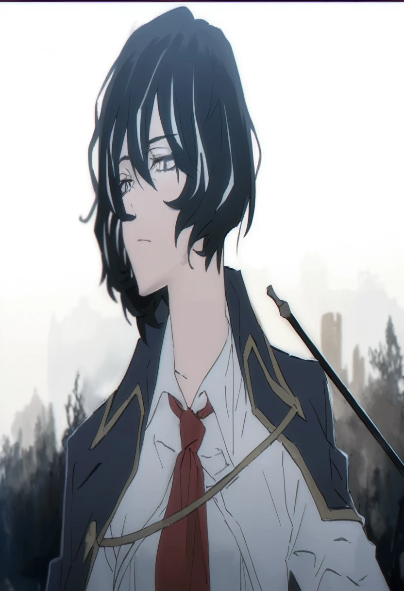 ((adult)), (woman), ((tall)), Moses from distortion detective, masterpiece, best quality, dark aura, black hair with white strips, (messy hair) , ringed white eyes, plain white shirt, coat over shoulders, white shirt, messy red necktie, (faint smile), realistic anime style, (oil painting), dark old manor background, night, impasto.

