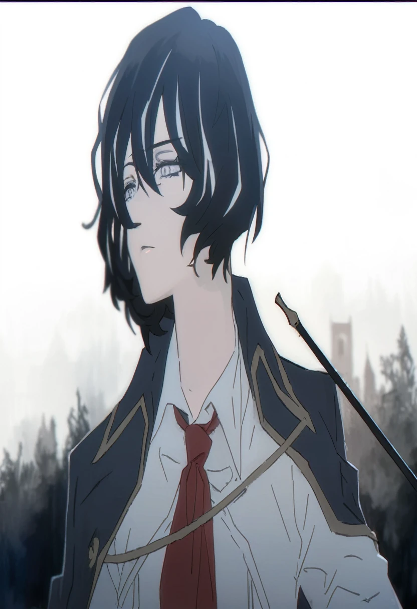 ((adult)), (woman), ((tall)), Moses from distortion detective, masterpiece, best quality, dark aura, black hair with white strips, (messy hair) , ringed white eyes, plain white shirt, coat over shoulders, white shirt, messy red necktie, (faint smile), realistic anime style, (oil painting), dark old manor background, night, impasto.
