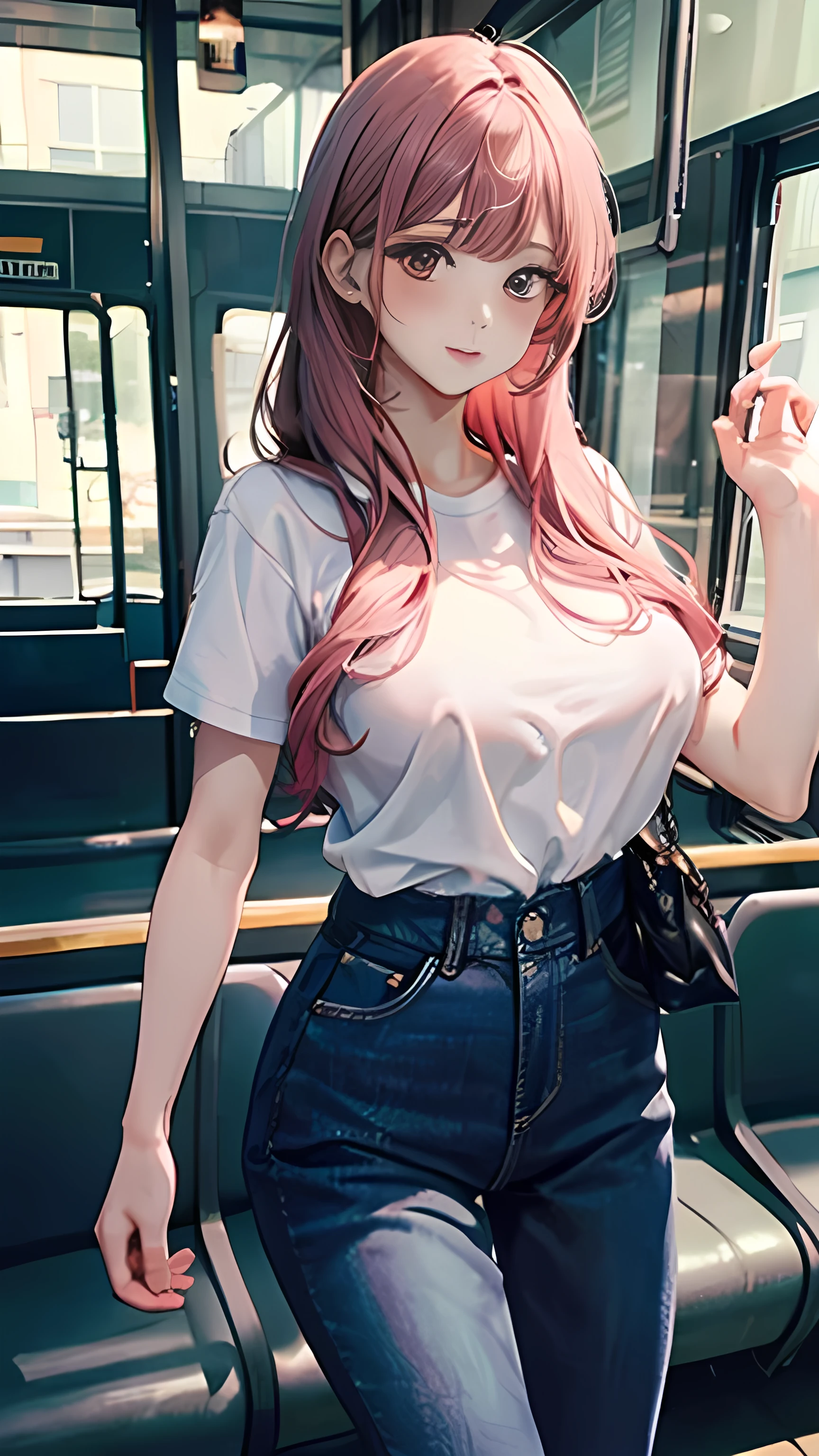 핑크색 머리에 청바지를 입은 애니메이션 여자아이가 버스 앞에 서 있다 - SeaArt AI
