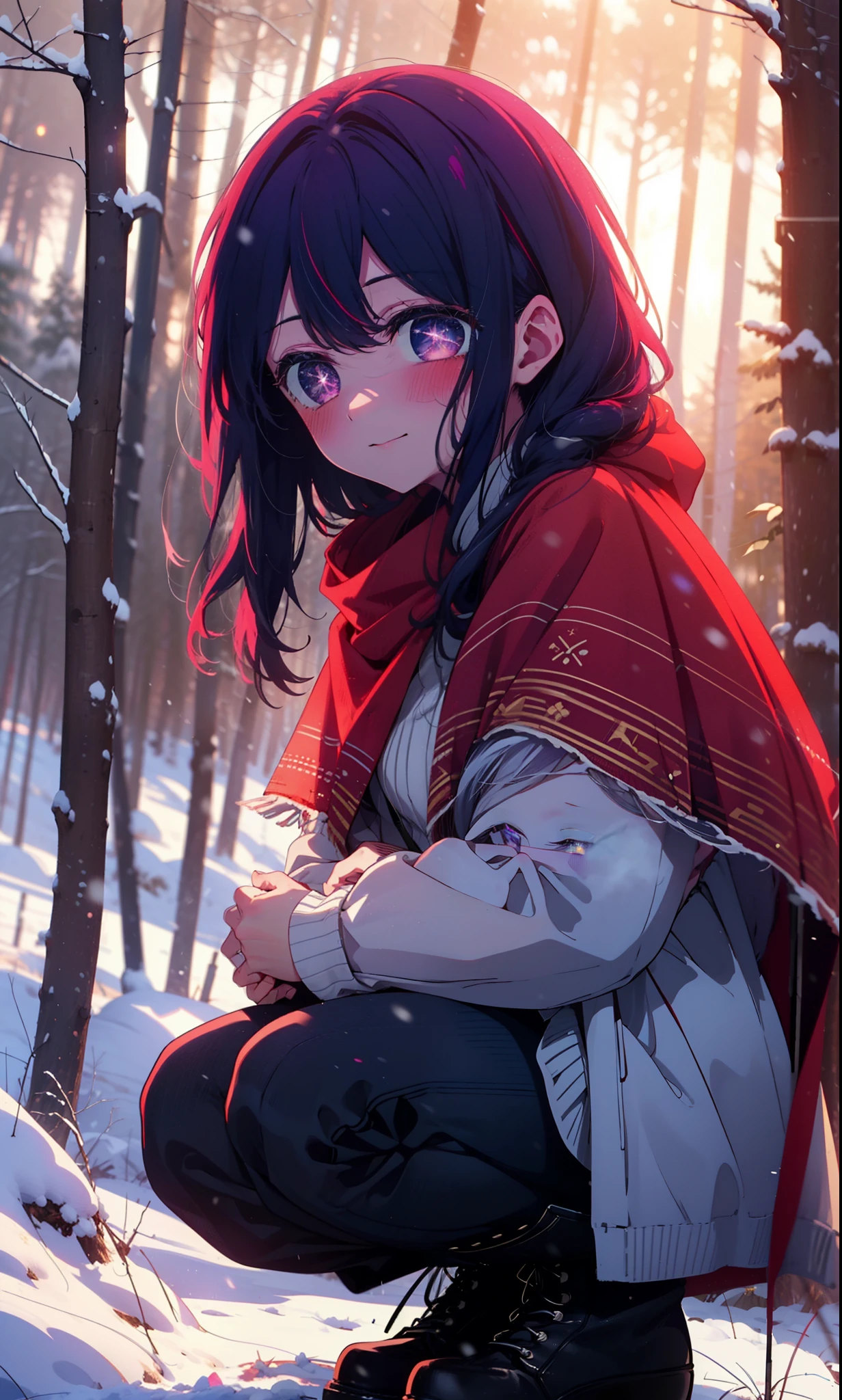 aihoshino, Ai Hoshino, Long Hair, bangs, (Purple eyes:1.1), Purple Hair, (Symbol-shaped pupil:1.5), smile,,smile,blush,White Breath,
Open your mouth,snow,Ground bonfire, Outdoor, boots, snowing, From the side, wood, suitcase, Cape, Blurred, , forest, White handbag, nature,  Squat, Mouth closed, Cape, winter, Written boundary depth, Black shoes, red Cape break looking at viewer, Upper Body, whole body, break Outdoor, forest, nature, break (masterpiece:1.2), Highest quality, High resolution, unity 8k wallpaper, (shape:0.8), (Beautiful and beautiful eyes:1.6), Highly detailed face, Perfect lighting, Extremely detailed CG, (Perfect hands, Perfect Anatomy),