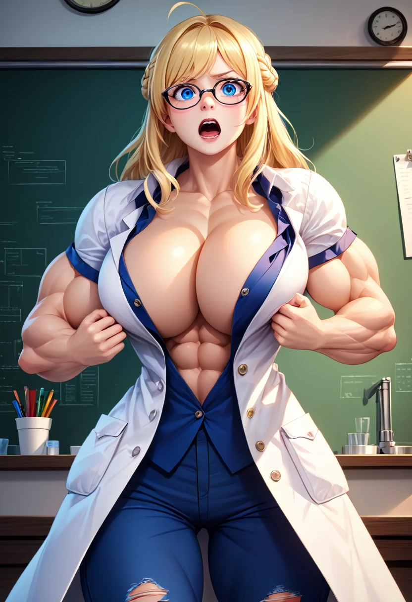 detailed illustration, dynamic angle, ultra-detailed, illustration, clean line art, shading, anime, detailed eyes, detailed face, beautiful face, dramatic lighting, ultra-detailed, illustration, single woman, masterpiece, masterwork, beautiful, blue eyes, show whole body in shot, head to toe in picture,

Thin, willowy, lithe, a cup breasts, narrow hips, creamy white skin, pale skin tone, blonde hair in a french braid with bangs, lab coat, glasses, professional, shy, quiet, mousy, conservatively dressed, puritanical, college age, look of pain on face, yelling, veins bulging, hunched over, hugging self, in pain, hurt, clothes ripping, muscles bulging, muscles growing, legs curled up, clothes too tight, clothes too small, clothes ripping from bulging muscles, big veins on face, eyes blood shot, too tall for pants, pants ripping at the seams,