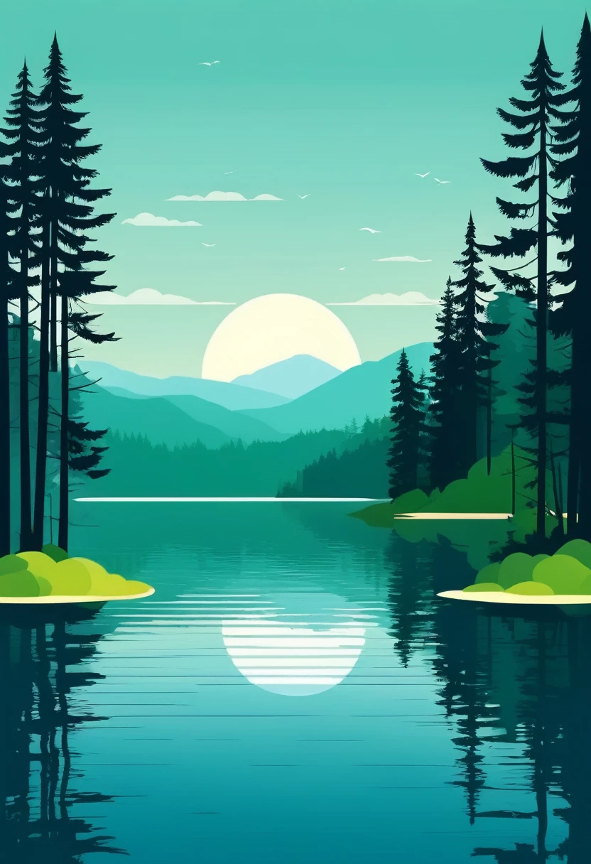 forest with lake scenery simple illustration flat design