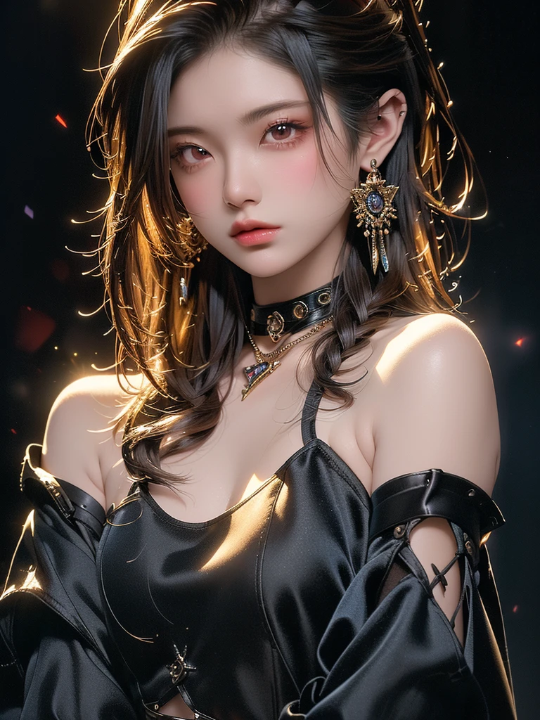 ((Highest quality)),(Ultra-high resolution),(Very detailed),(Detailed Description),((The best CG)),(masterpiece),Ultra-detailed art, Black background、Dramatic lighting1.2、Gives off a radiant aura、semi-long、(((Mid-shot photo 1.5)))、Black and revealing、Always look at the viewer with a sharp gaze、Off the shoulder、