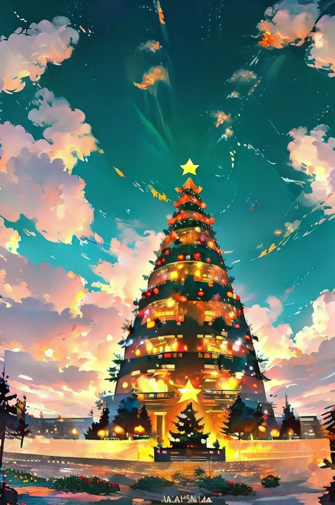 There is a big Christmas tree in the center.、Modern art-style jack-o&#39;-lanterns are placed around the area.。The tree is decorated with vibrant colors、It&#39;s shining brightly。There are little presents around the tree.、There are lots of cute animals under the tree.。You can feel the Halloween atmosphere around the tree.、A mysterious space spreads out。
