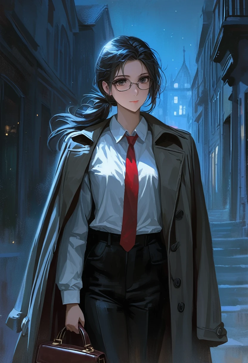 ((adult)), (woman), ((tall)), Moses from distortion detective, masterpiece, best quality, dark aura, black hair with white strips, (( short pony tail hair)), ringed dark eyes, glasses, plain white shirt, coat over shoulders, white shirt, messy red necktie, black pants, carrying a robust leather bag, (faint smile), realistic anime style, (oil painting), dark old manor background, night, impasto.