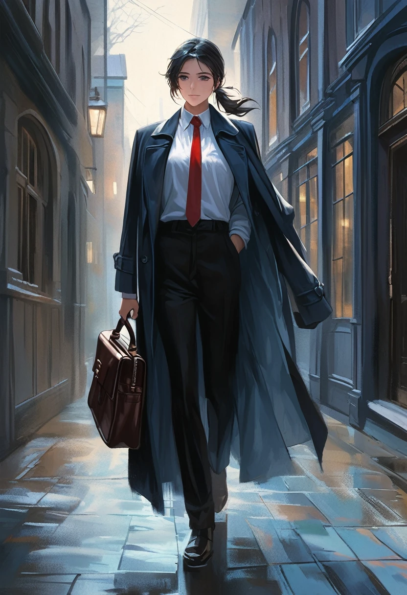 ((adult)), (woman), ((tall)), Moses from distortion detective, masterpiece, best quality, dark aura, black hair with white strips, (( short pony tail hair)), ringed dark eyes, glasses, plain white shirt, coat over shoulders, white shirt, messy red necktie, black pants, carrying a robust leather bag, (faint smile), realistic anime style, (oil painting), dark old manor background, night, impasto.
