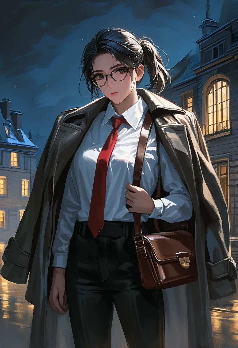 ((adult)), (woman), ((tall)), Moses from distortion detective, masterpiece, best quality, dark aura, black hair with white strips, (( short pony tail hair)), ringed dark eyes, glasses, plain white shirt, coat over shoulders, white shirt, messy red necktie, black pants, carrying a robust leather bag, (faint smile), realistic anime style, (oil painting), dark old manor background, night, impasto.