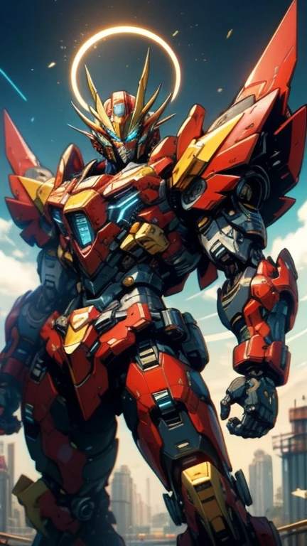 Humanoid mecha, Fully enclosed shoulder pads, Matching arm and leg guards, whole body, fully armed, Super robot, Designed to strike a balance between weight and flexibility, (The color scheme is mainly white,With red and blue accents, the concept Inspired by Super robot, Dragon Concept Breastplate, posture, Permanent, Floating above the futuristic sci-fi city), Exquisite and mature art style, (halo effect, vitality, glowing eyes, Armor glows), ((SRS)), Metal, Dramatic, HD, best quality, High resolution, Super detailed, Ultra-fine coating, Extremely refined, professional, Perfect body proportions, anatomically correct, symmetrical face, Extremely detailed eyes and face, high quality eyes, creativity, original photo, 超HD, 32k, Natural light, movie lighting, masterpiece-anatomy-perfect, masterpiece:1.5