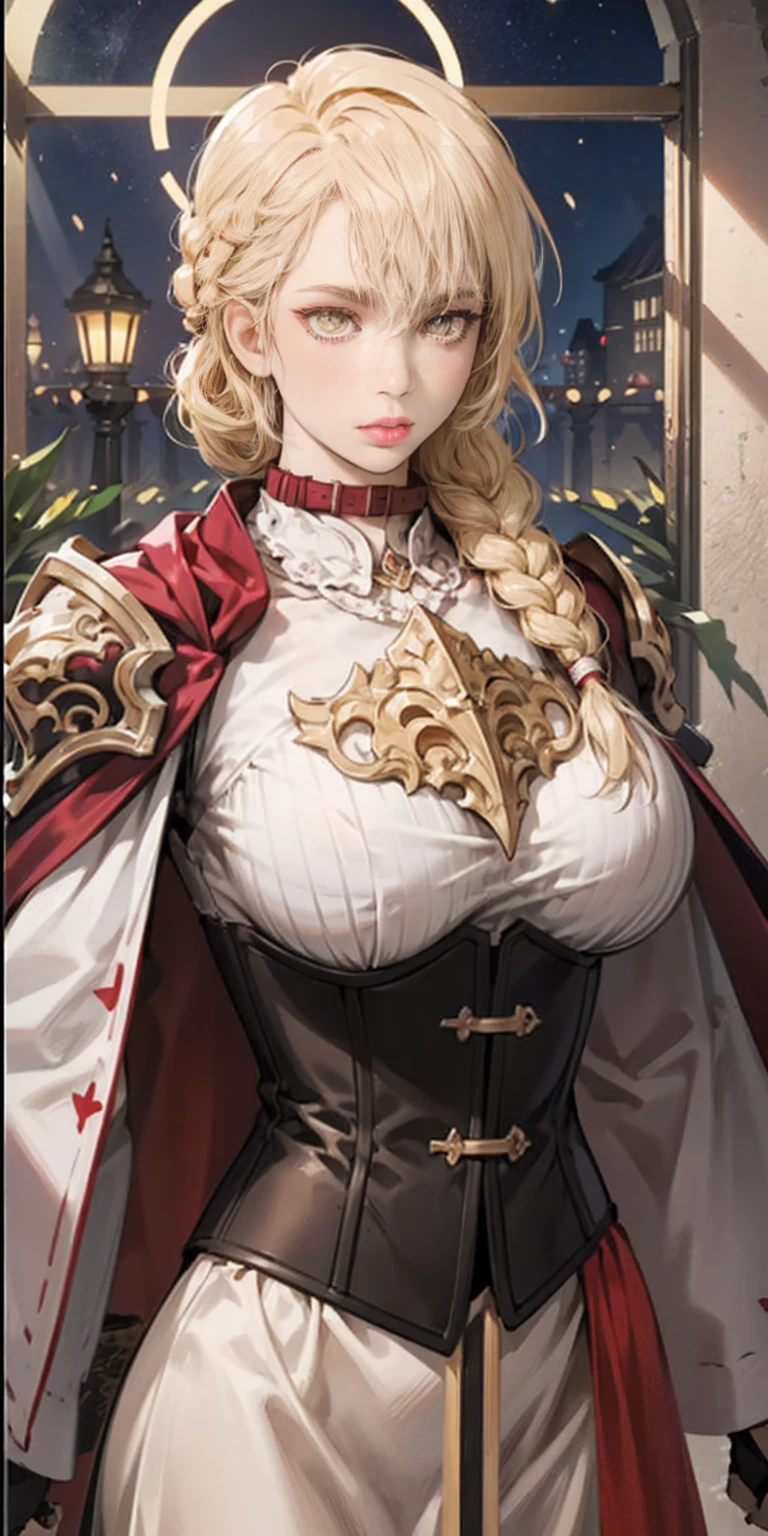 upper body of paladin lady in ornate golden armor, black collar, pauldrons, breastplate, corset, glowing halo, single braid, blonde, yellow glowing eyes, bright pupils, eye focus, red cape, temple indoors, stained glass windows, night, moonlight, particles, light beam, chromatic aberration