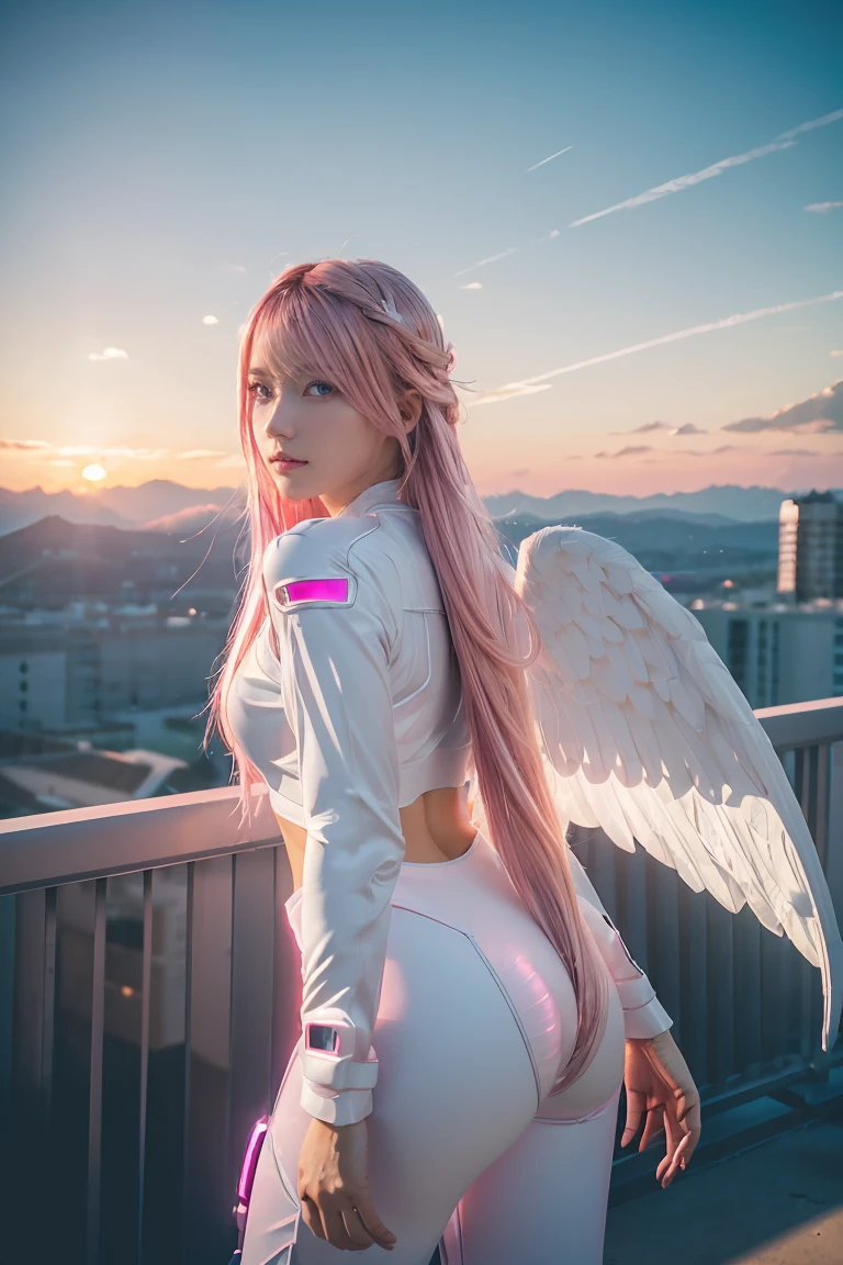 ((masterpiece, best quality, extremely detailed), volumetric lighting, ambient occlusion, colorful, glowing), 
1girl, solo, young girl, (pink hair), long hair, halo, aura, sacred, godness, cyber suit, (white outfit:1.3), android, bot, angel wings,
outdoors, sunset, sky, clouds, space, (cyberpunk theme:1.2),