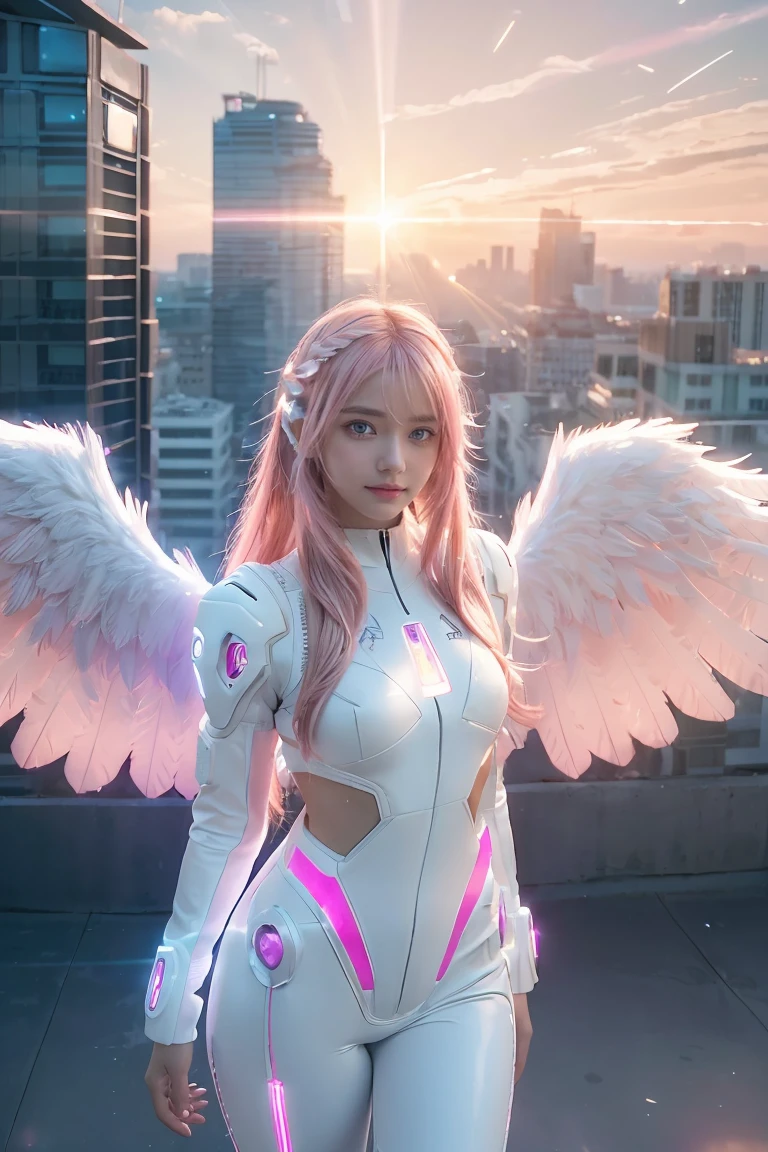 ((masterpiece, best quality, extremely detailed), volumetric lighting, ambient occlusion, colorful, glowing), 
1girl, solo, young girl, (pink hair), long hair, halo, aura, sacred, godness, cyber suit, (white outfit:1.3), android, bot, angel wings,
outdoors, sunset, sky, clouds, space, (cyberpunk theme:1.2),