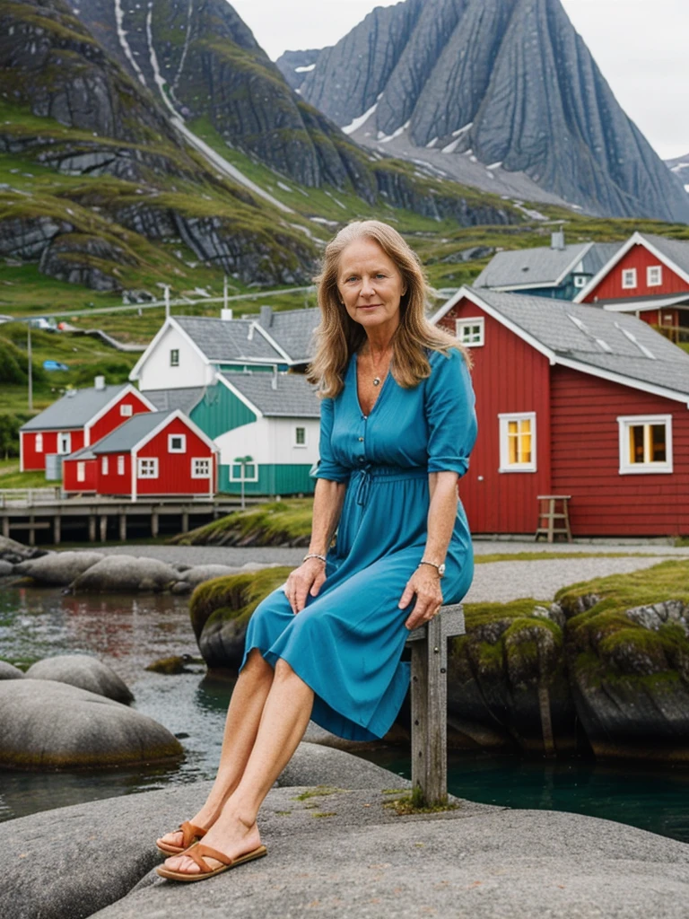 Liv Ullman, her name is Freydis, high quality, 1 old woman, ((50-year-old SLIM dutch woman)), ((50 years old)), (((wrinkled body))), ((((old body)))), (((LONG HAIR))), (((no make up))), (pale skin), (((blue eyes))), she is wearing stylish COLORFUL SUNDRESS wear different colors, POSE: SITTING DOWN, classy, SEXY, BACKGROUND: outdoor: Lofoten Islands: Quaint fishing villages with traditional red or yellow wooden cabins (rorbuer) along the shoreline.