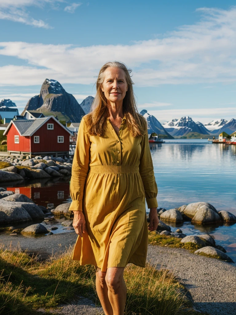 Liv Ullman, her name is Freydis, high quality, 1 old woman, ((50-year-old SLIM dutch woman)), ((50 years old)), (((wrinkled body))), ((((old body)))), (((LONG HAIR))), (((no make up))), (pale skin), (((blue eyes))), she is wearing stylish COLORFUL SUNDRESS wear different colors, POSE: SITTING DOWN, classy, SEXY, BACKGROUND: outdoor: Lofoten Islands: Quaint fishing villages with traditional red or yellow wooden cabins (rorbuer) along the shoreline.