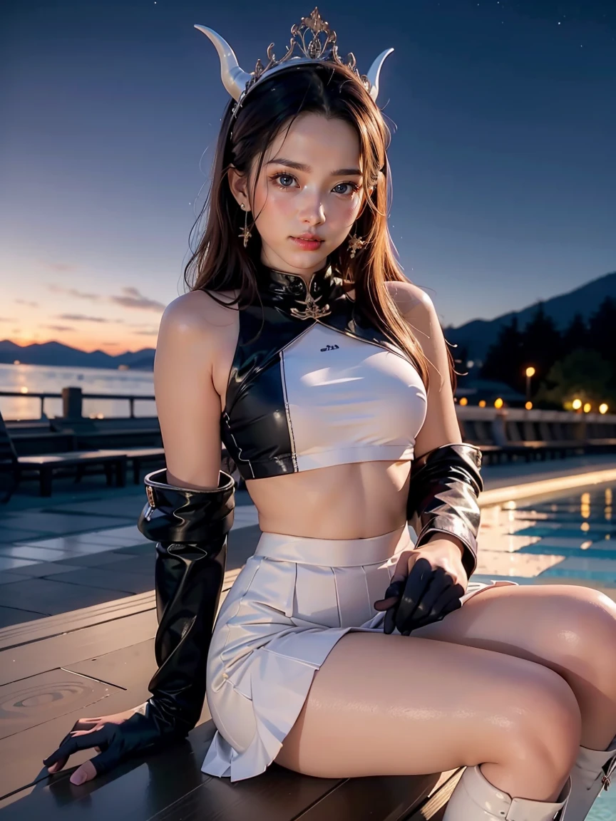 zephia, horns, tan ,tiara ,earrings, glossy lips ,team rocket uniform, red letter R, white skirt,white crop top,black thigh-high boots, black elbow gloves, evil smile, looking down on viewer, sitting down ,legs crossed, night sky background