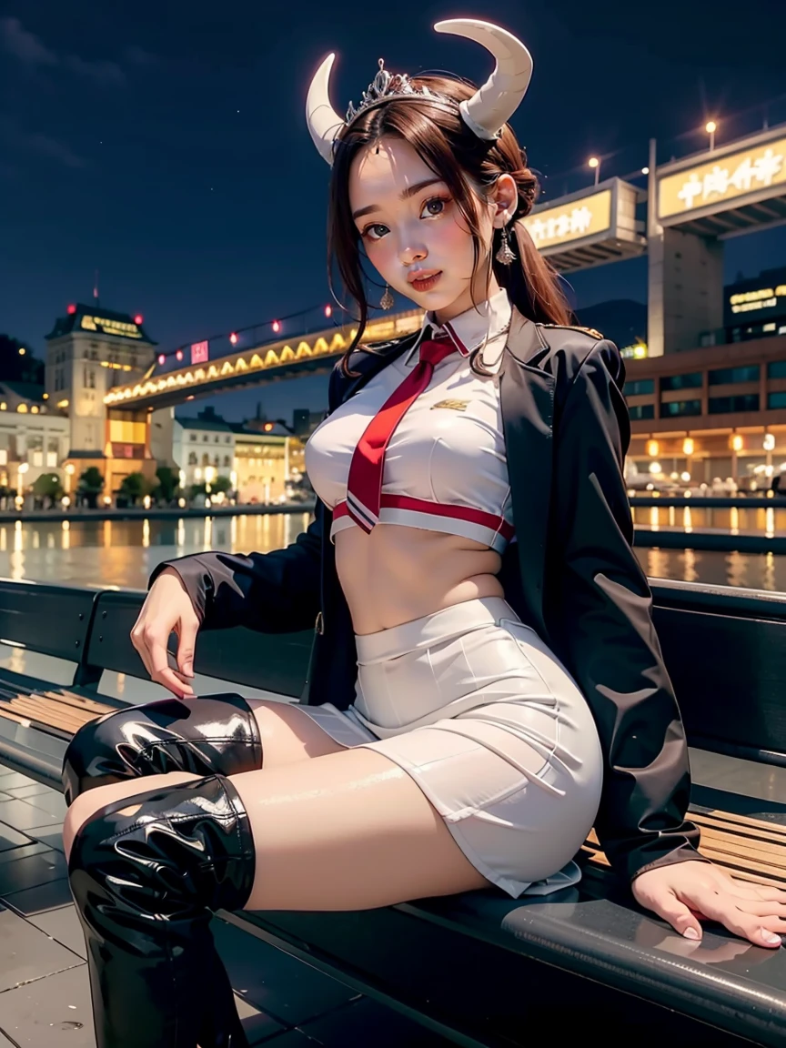 zephia, horns, tan ,tiara ,earrings, glossy lips ,team rocket uniform, red letter R, white skirt,white crop top,black thigh-high boots, black elbow gloves, evil smile, looking down on viewer, sitting down ,legs crossed, night sky background