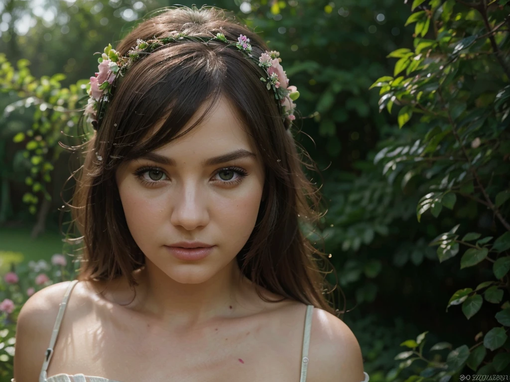 A girl in a garden,beautiful detailed eyes,beautiful detailed lips,extremely detailed eyes and face,longeyelashes,elegant dress,floral headpiece,petals,vines,flowers,lush greenery,nature,natural lighting,vibrant colors,fantasy,digital art,(best quality,4k,8k,highres,masterpiece:1.2),ultra-detailed,(realistic,photorealistic,photo-realistic:1.37),intricate details,soft focus,painterly,cinematic lighting