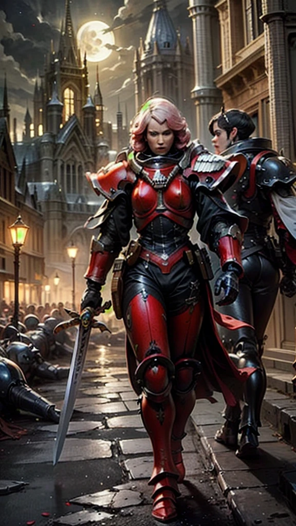 Bloody Rose Sisters pilot suit,  Elite Imperial law enforcers who patrol the desert, Holding a sword, Dress in detail (outer armor:1.2) ,  Sci-fi scene, Castle ruins in the distance, moonlight,    