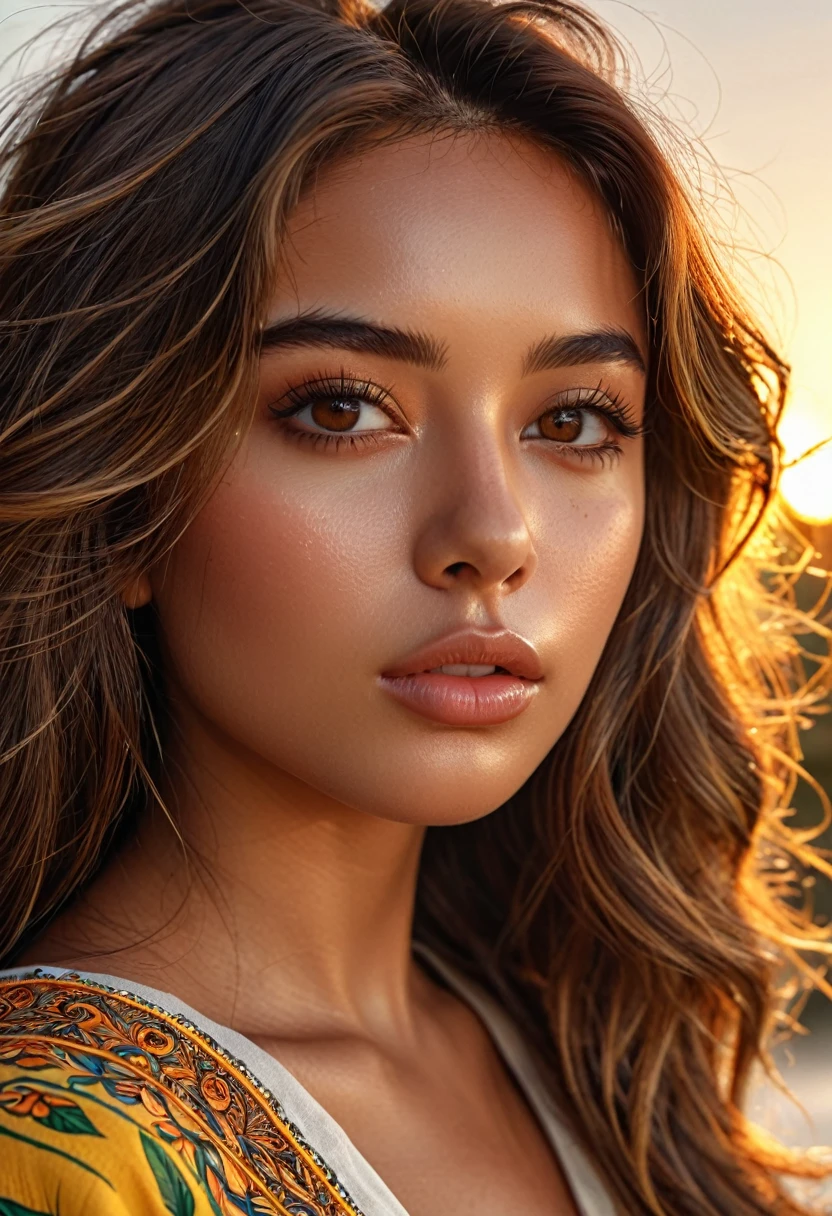 (perfect details), (extremely fine and beautiful:1.1), beautiful face, beautiful light brown eyes, (detailed face, detailed eyes:1.2), realistic skin textures, detailed pouty lips, tan skin, shiny brown hair, (add layer:1.2), dynamic angle, scenery MM, dramatic lighting, volumetric lighting, golden hour, masterpiece, best, quality, exotic Brazilian Girl, hd. Realistic, 8k, hyper realistic details