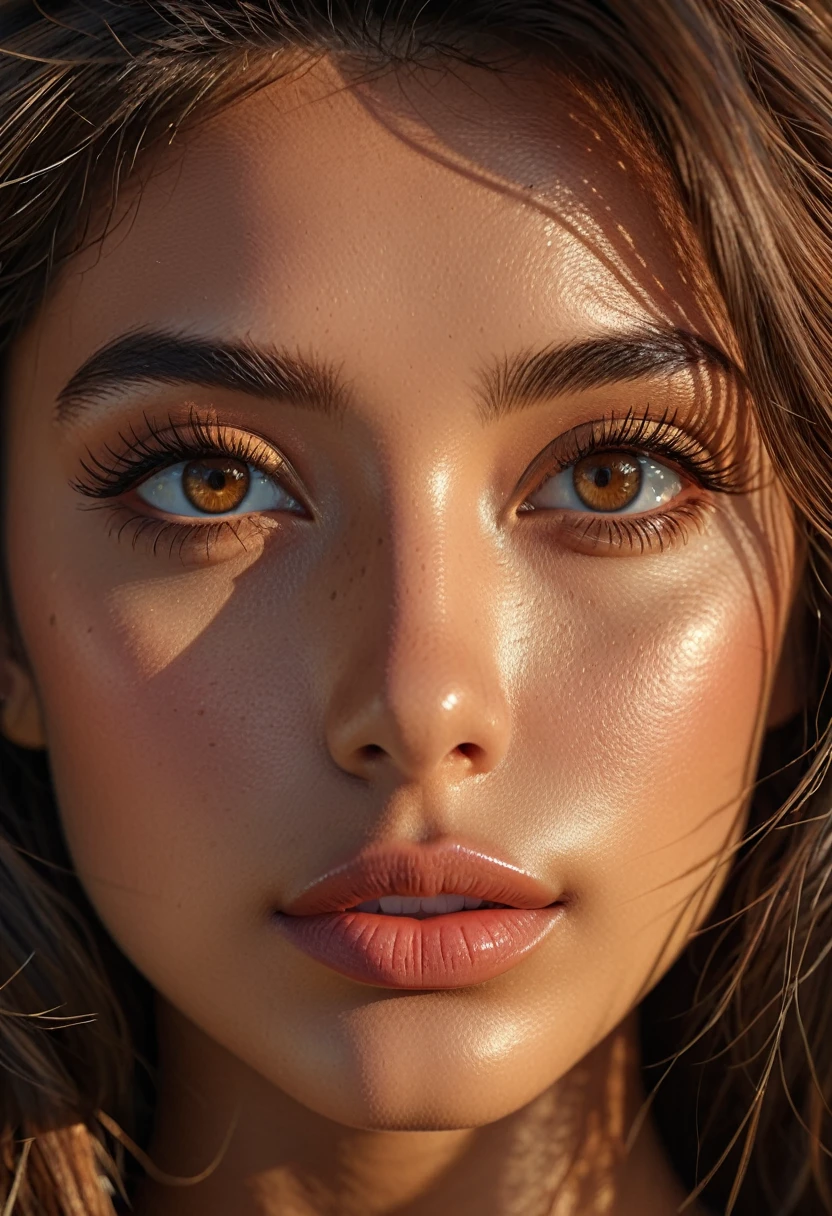 (perfect details), (extremely fine and beautiful:1.1), beautiful face, beautiful light brown eyes, (detailed face, detailed eyes:1.2), realistic skin textures, detailed pouty lips, tan skin, shiny brown hair, (add layer:1.2), dynamic angle, scenery MM, dramatic lighting, volumetric lighting, golden hour, masterpiece, best, quality, exotic Brazilian Girl, hd. Realistic, 8k, hyper realistic details