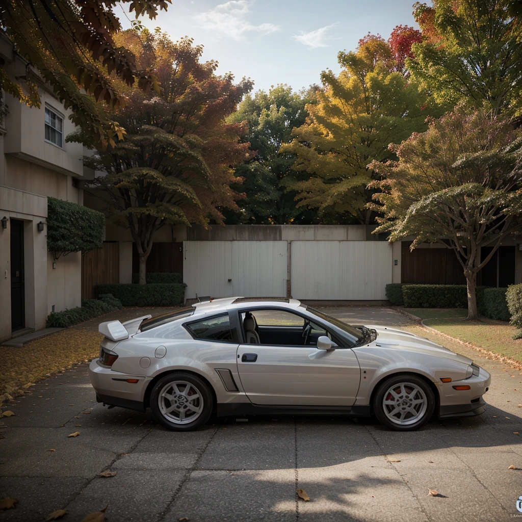 300ZX, White,autumn，Drift car parked on a street covered with leaves (City:1.3), fall, Full-area lighting, Volumetric lighting, best quality, Very detailed, Generate image processing, illustration, Octane Rendering,  