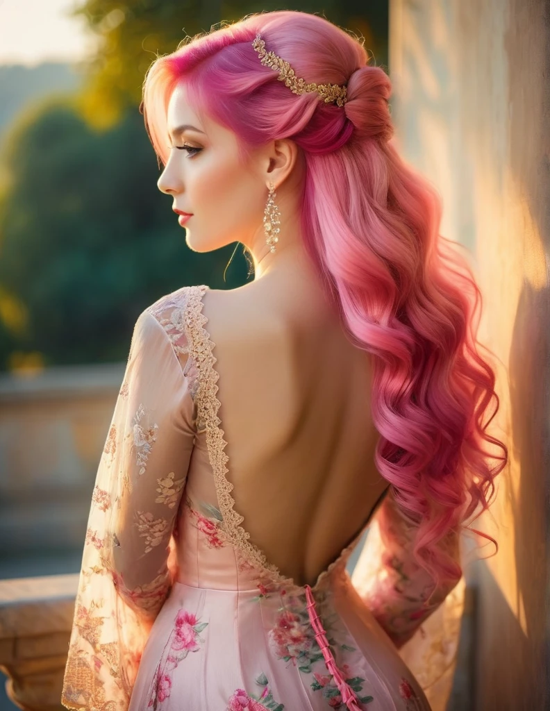 very attractive 25 year old girl with long bright pink hair, Beautiful woman looking in profile, Back and buttocks,Classical painting,Delicate brushwork,Gorgeous tight lace dress,Detailed hairstyle,Gentle sunlight,Soft Shadows,Golden tones