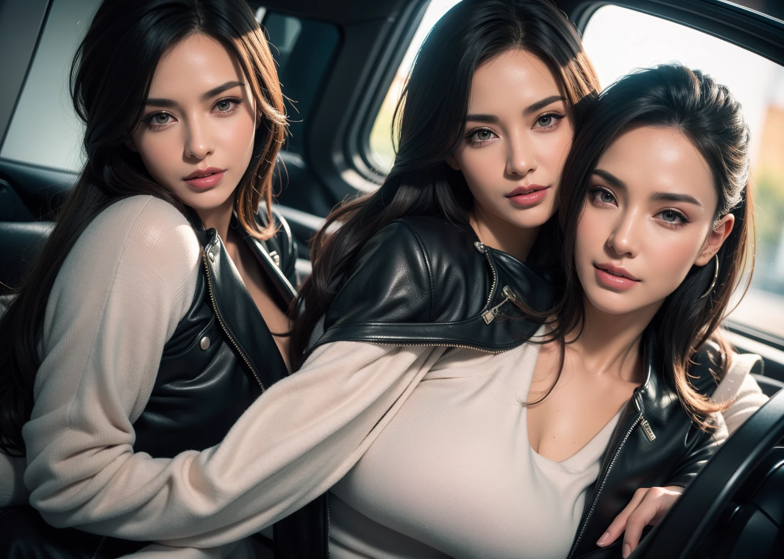 (Masterpiece, Professional lighting, 16k, 8k wallpaper, raw photo, photorealistic:1.8, ultra detailed, natural gentle lighting, detailed skin, detailed face, detailed eyes, textured skins, cinematic composition, detailed background:1.2, midnight at background:1.5, night time in city:1.3, evening:1.1), BIBC, (Girls at back seat of limousine, on fur seat, group shot:1.2, coat on naked, see-through0.68, laced panty, full body, jewelry, earrings, necklace, party girls, party night, mirror ball, drinking, cocaine), (young girls, 4girls, extremely beautiful face, beautiful eyes, seductive posing, sexual suggestive, embarrassed:1.1, upturned eyes:1.2, drunken, grin:0.95, flustered, cute face, happy face, playmates, supermodel), ((glass of champagne, sparkling wines, light up, dinner, inside limo:1.4, limousine, car seat, luxury furniture, luxury car, carpet, party night, enjoying party)), Nanako Matsushima