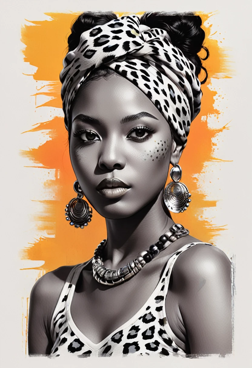 Design a t-shirt featuring a fantasy  illustration of an african woman with head wrap leopard skin. (half body portrait) Combine a detailed black and white drawing with vibrant, colorful digital fantasy elements leopard background. Draw inspiration from the intricate and dynamic styles of Dan Mumford, junko mizuno, and Frank Frazetta.negative space