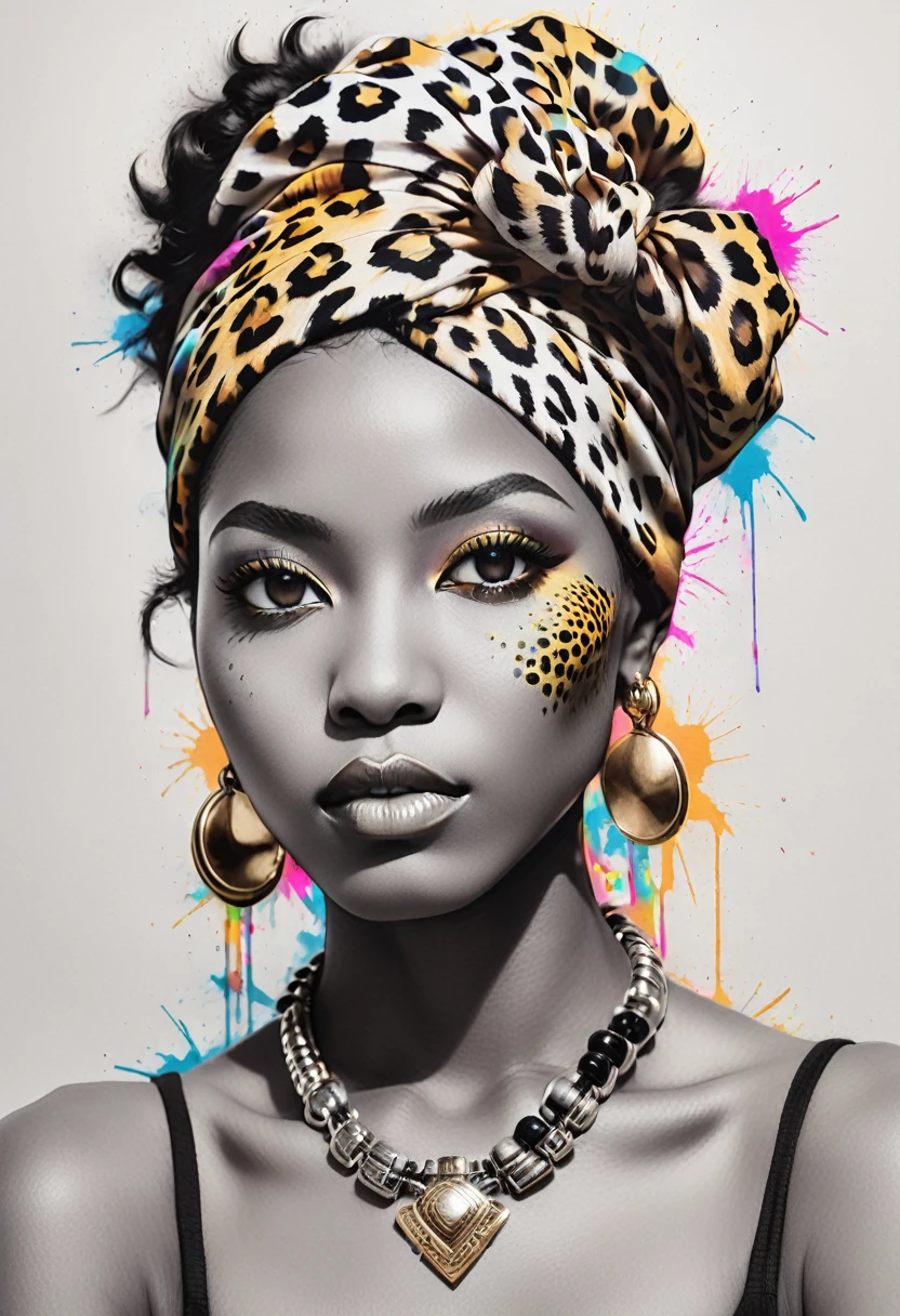 Design a t-shirt featuring a fantasy  illustration of an african woman with head wrap leopard skin. (half body portrait) Combine a detailed black and white drawing with vibrant, colorful digital fantasy elements leopard background. Draw inspiration from the intricate and dynamic styles of Dan Mumford, junko mizuno, and Frank Frazetta.negative space