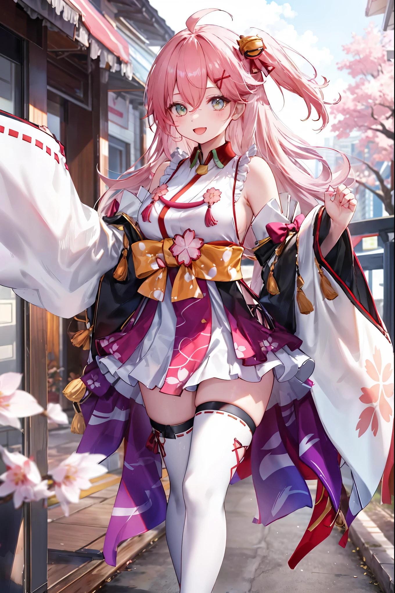 masterpiece, best quality, highres, miko1, sakura_miko, 1girl, big_boobs, solo, ahoge, x_hair_ornament, pink_hair, floral print, hairclip,(side_less_clothes:1.5), (side_boobs:1.5), hair_bell, floral print, long_hair, hair between eyes, one side up, white thighhighs, asymmetrical legwear, wide sleeves, open_mouth,(happy:1.3),gleen_eyes,big_smile,(rise_leg:1.3),plump,apart_legs,(overly_long_sleeves:1.3),),sleeves_past_wrists,hands_hidden_sleeves,sidelock_clothes,dynamic_posing,solo,hidden_wrists,(XD:1.4),covered_nipples,sunlight,cherryblossom_background,