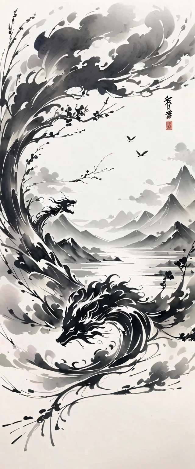 (动漫Wire描:1.5)，(Black and White:1.45)，Minimalism，(Wire条艺术:1.6)，sketch，charcoal drawing，Chinese Ink Painting, Cyan and White, Minimum, Wire, White background,Chinese dragon,Mountain