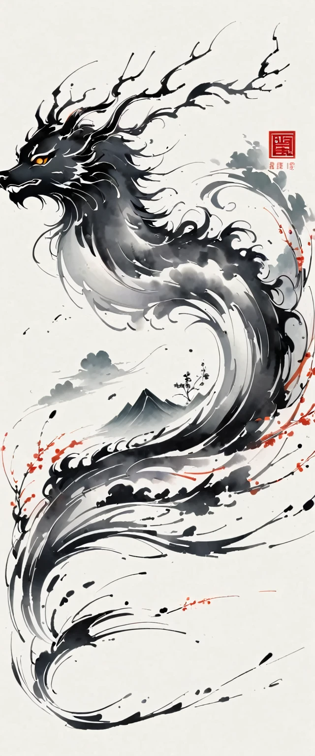 (动漫Wire描:1.5),(Black and White:1.45),Minimalism,(Wire条艺术:1.6),sketch,charcoal drawing,Chinese Ink Painting, Cyan and White, Minimum, Wire, White background,Chinese dragon,Mountain