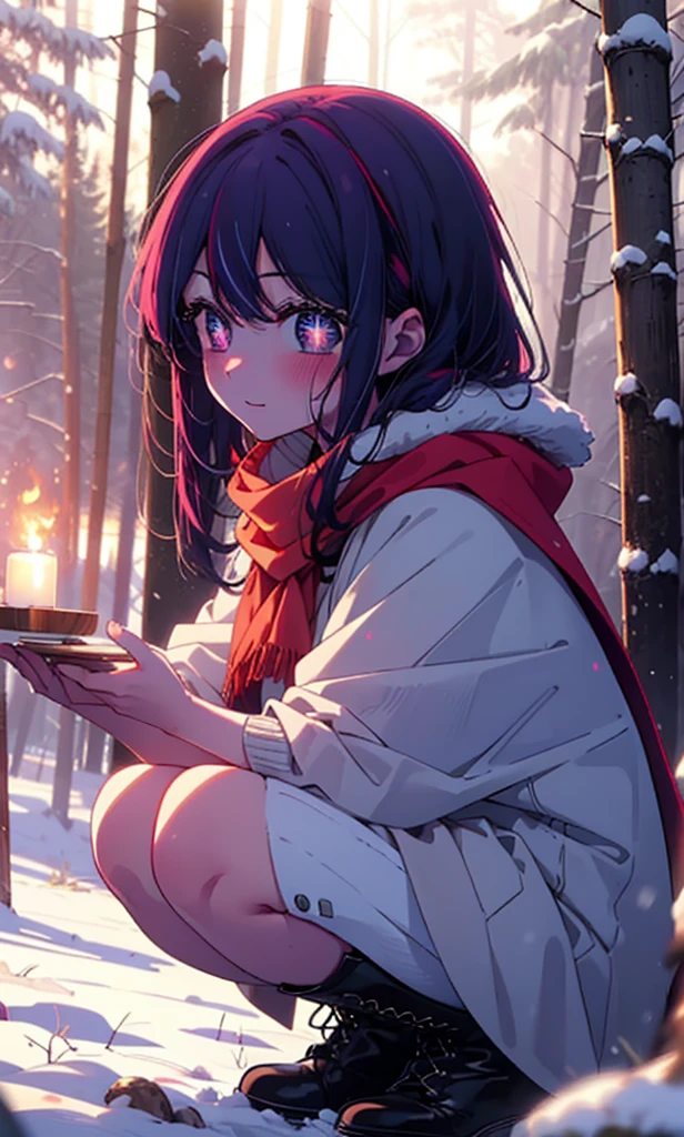 aihoshino, Ai Hoshino, Long Hair, bangs, (Purple eyes:1.1), Purple Hair, (Symbol-shaped pupil:1.5), smile,,smile,blush,White Breath,
Open your mouth,snow,Ground bonfire, Outdoor, boots, snowing, From the side, wood, suitcase, Cape, Blurred, , forest, White handbag, nature, Squat, Mouth closed, Cape, winter, Written boundary depth, Black shoes, red Cape break looking at viewer, Upper Body, whole body, break Outdoor, forest, nature, break (masterpiece:1.2), Highest quality, High resolution, unity 8k wallpaper, (shape:0.8), (Beautiful and beautiful eyes:1.6), Highly detailed face, Perfect lighting, Extremely detailed CG, (Perfect hands, Perfect Anatomy),