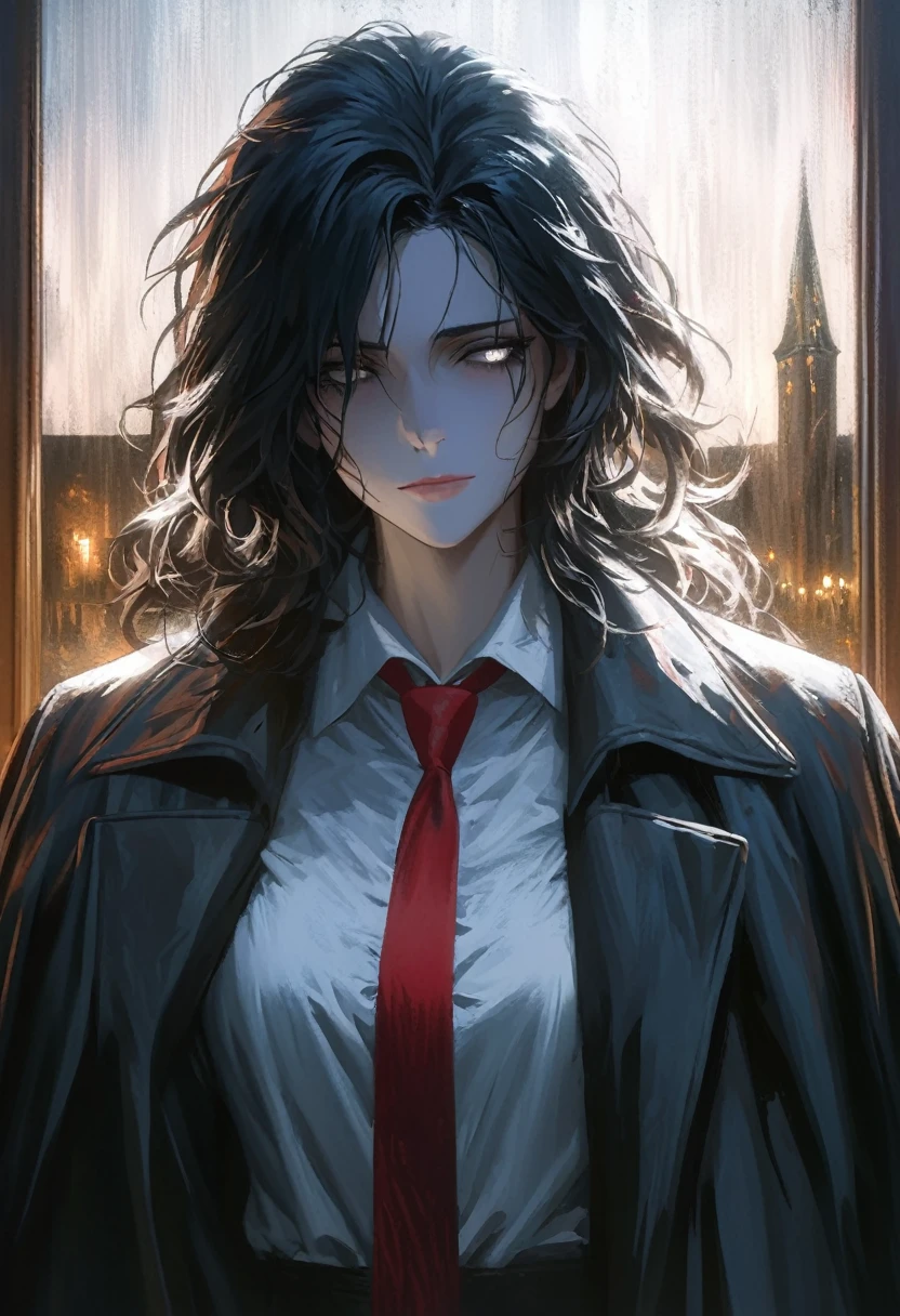 ((adult)), (woman), ((tall)), Moses from distortion detective, masterpiece, best quality, dark aura, black hair with white strips, (messy hair) , ringed white eyes, plain white shirt, coat over shoulders, white shirt, messy red necktie, (faint smile), realistic anime style, (oil painting), dark old manor background, night, impasto.

