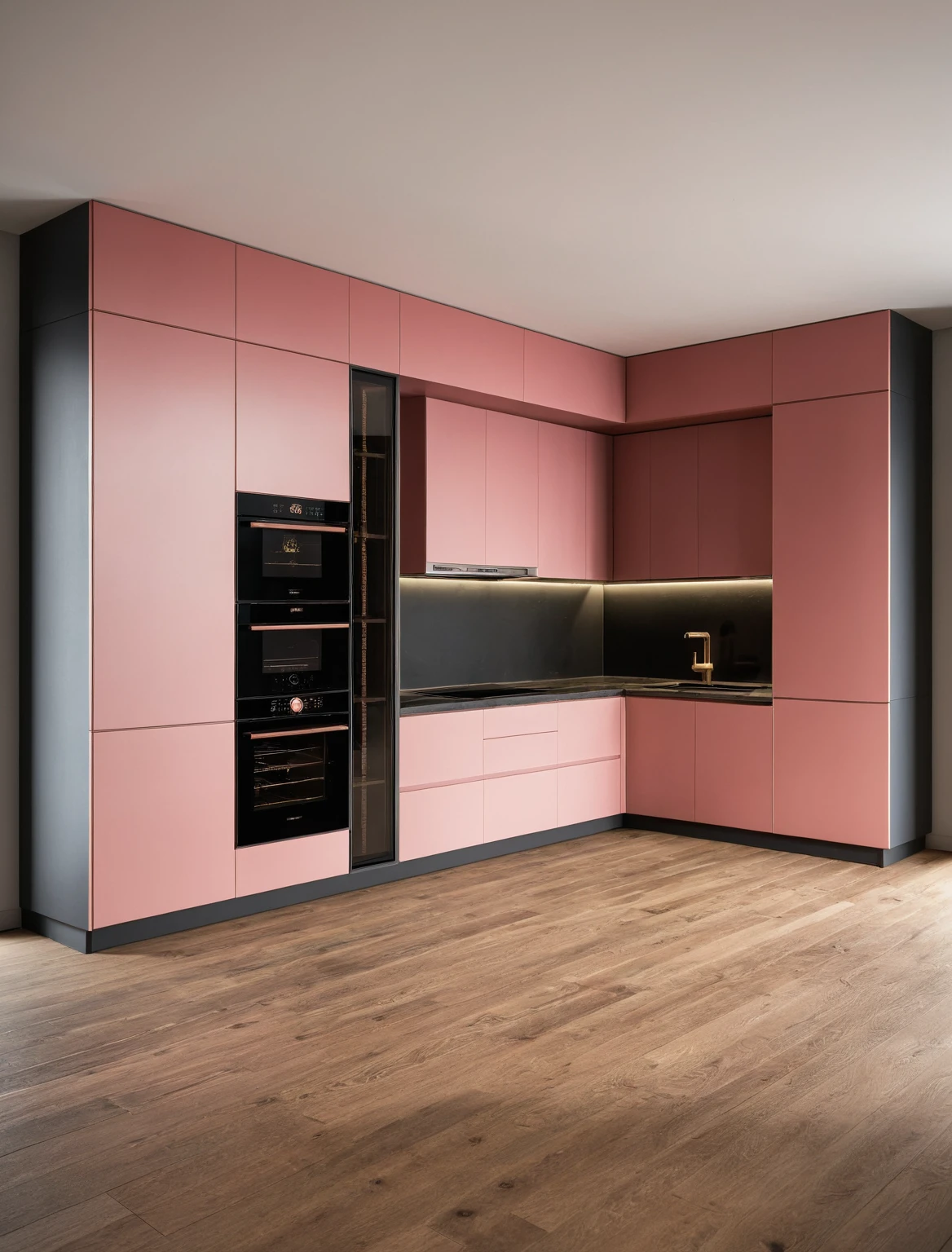 Raw photo,Masterpiece, high quality, best quality, authentic, super detail, interior , sunset, daylight, Kitchen Cabinets style modern, Induction cooker, sink, faucet, oven, built-in microwave, wooden floor, hood, wine cabinet, ((black and pink tones))